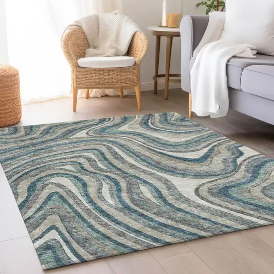 Teal Blue Gray And Taupe Abstract Washable Indoor Outdoor Area Rug Photo 7