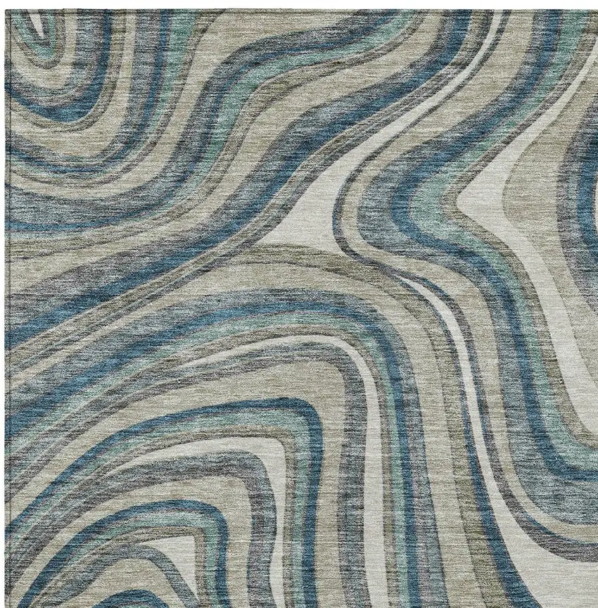 Teal Blue Gray And Taupe Abstract Washable Indoor Outdoor Area Rug Photo 5