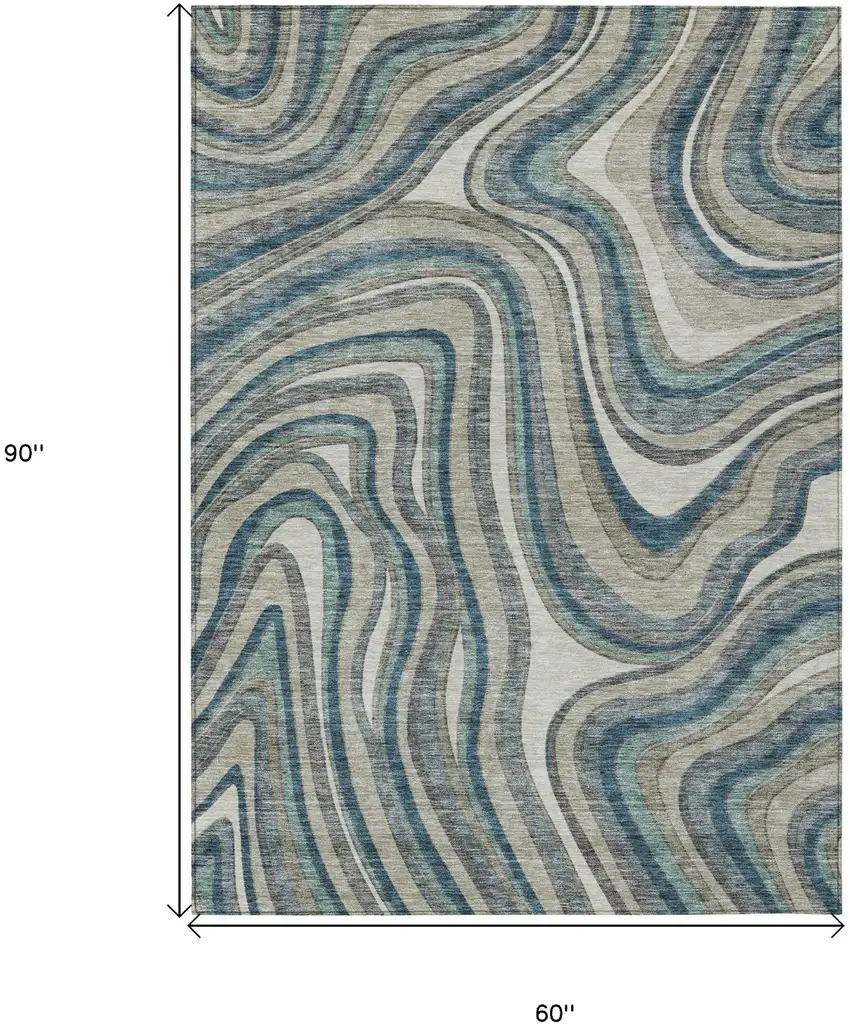 Teal Blue Gray And Taupe Abstract Washable Indoor Outdoor Area Rug Photo 7