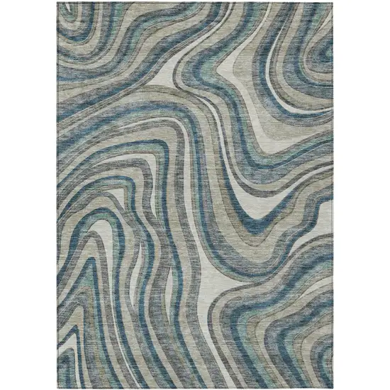 Teal Blue Gray And Taupe Abstract Washable Indoor Outdoor Area Rug Photo 1