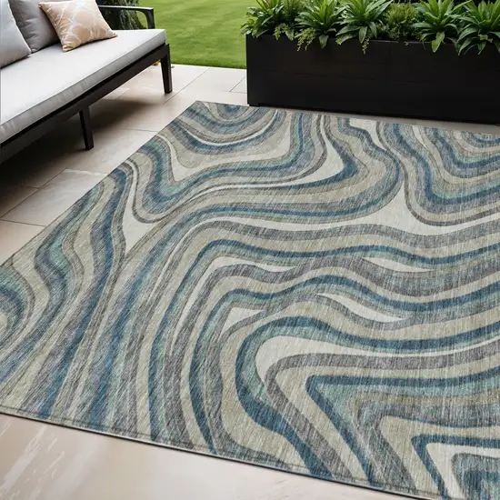 Teal Blue Gray And Taupe Abstract Washable Indoor Outdoor Area Rug Photo 1