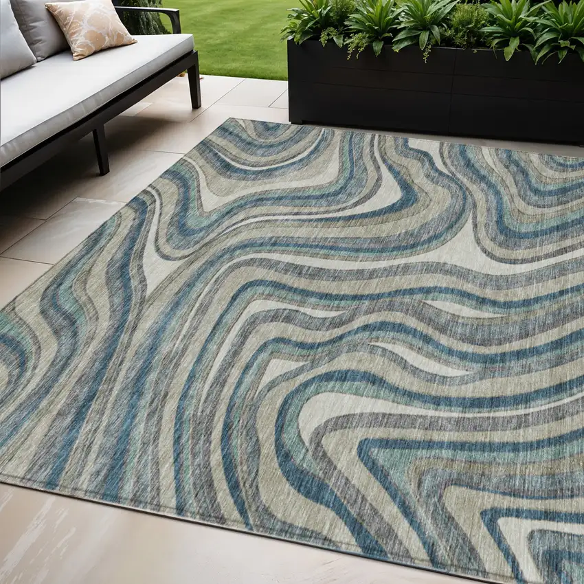 Teal Blue Gray And Taupe Abstract Washable Indoor Outdoor Area Rug Photo 1