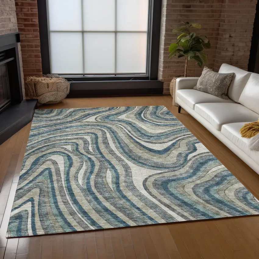 Teal Blue Gray And Taupe Abstract Washable Indoor Outdoor Area Rug Photo 8