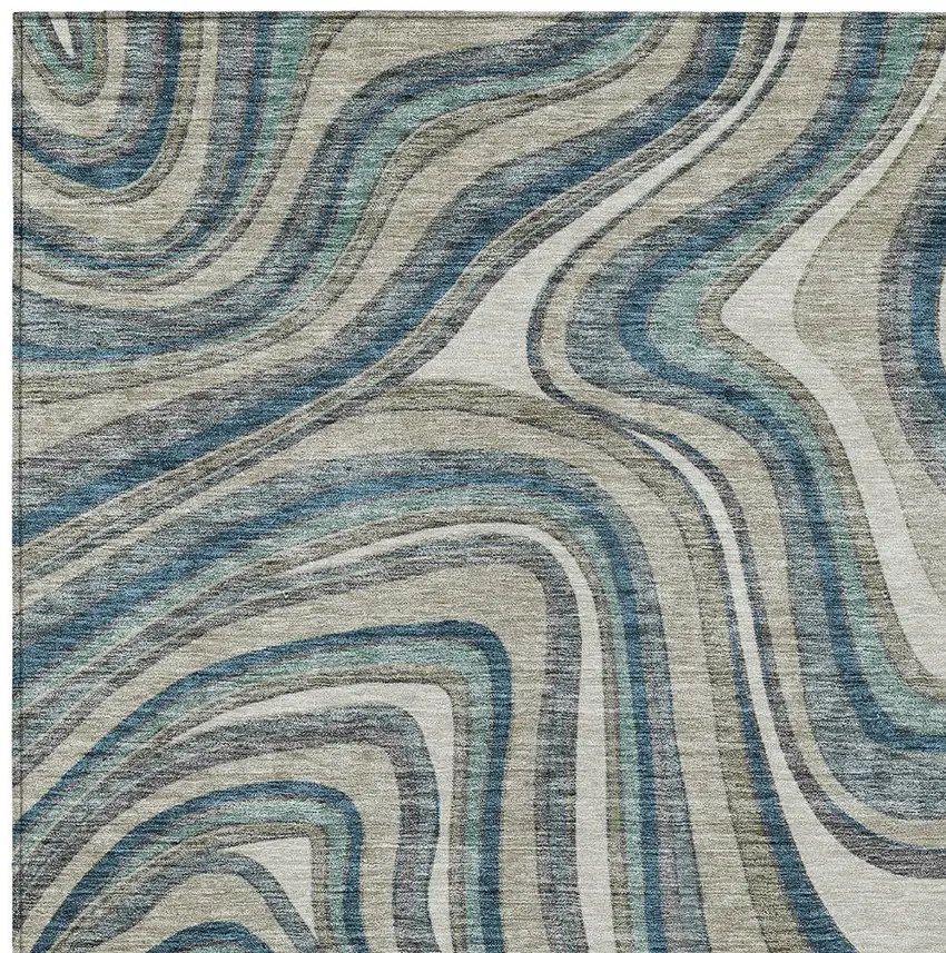 Teal Blue Gray And Taupe Abstract Washable Indoor Outdoor Area Rug Photo 4