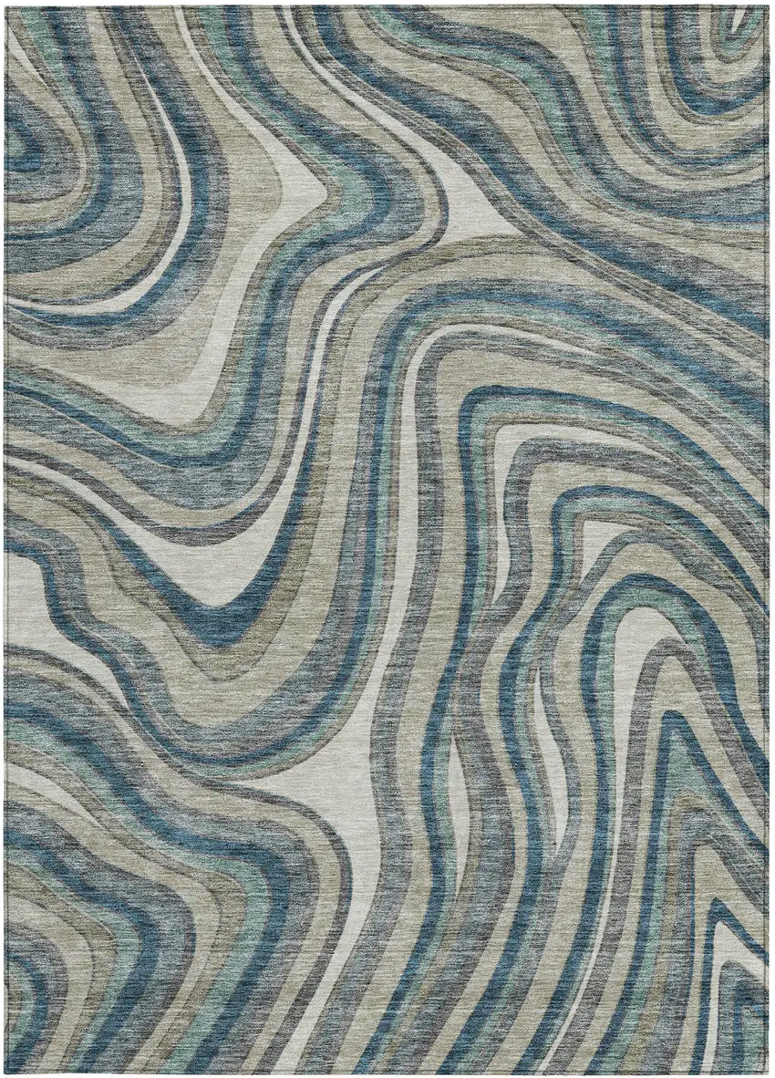 Teal Blue Gray And Taupe Abstract Washable Indoor Outdoor Area Rug Photo 2