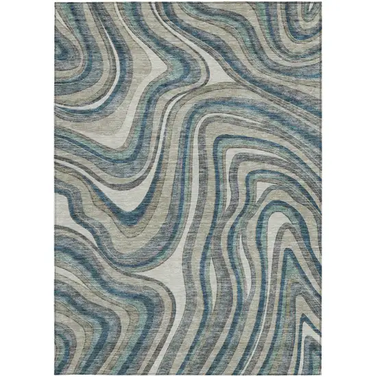 Teal Blue Gray And Taupe Abstract Washable Indoor Outdoor Area Rug Photo 2