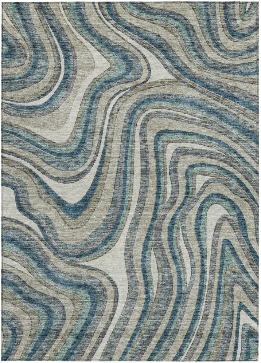 Teal Blue Gray And Taupe Abstract Washable Indoor Outdoor Area Rug Photo 2