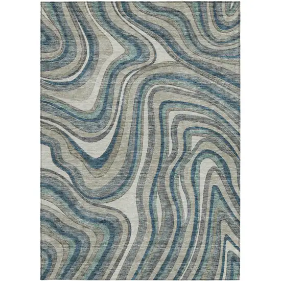 Teal Blue Gray And Taupe Abstract Washable Indoor Outdoor Area Rug Photo 2