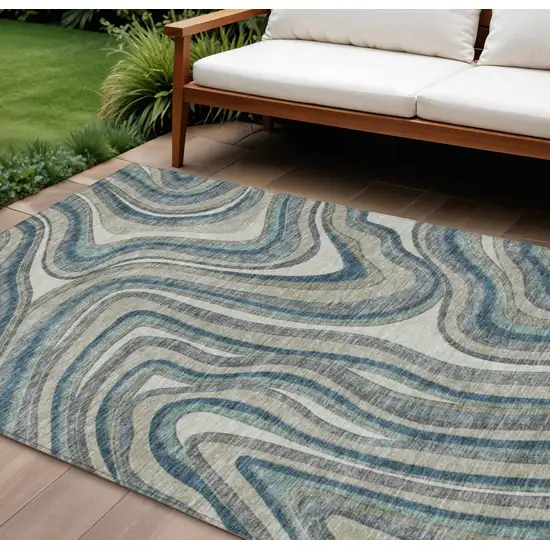 Teal Blue Gray And Taupe Abstract Washable Indoor Outdoor Area Rug Photo 1