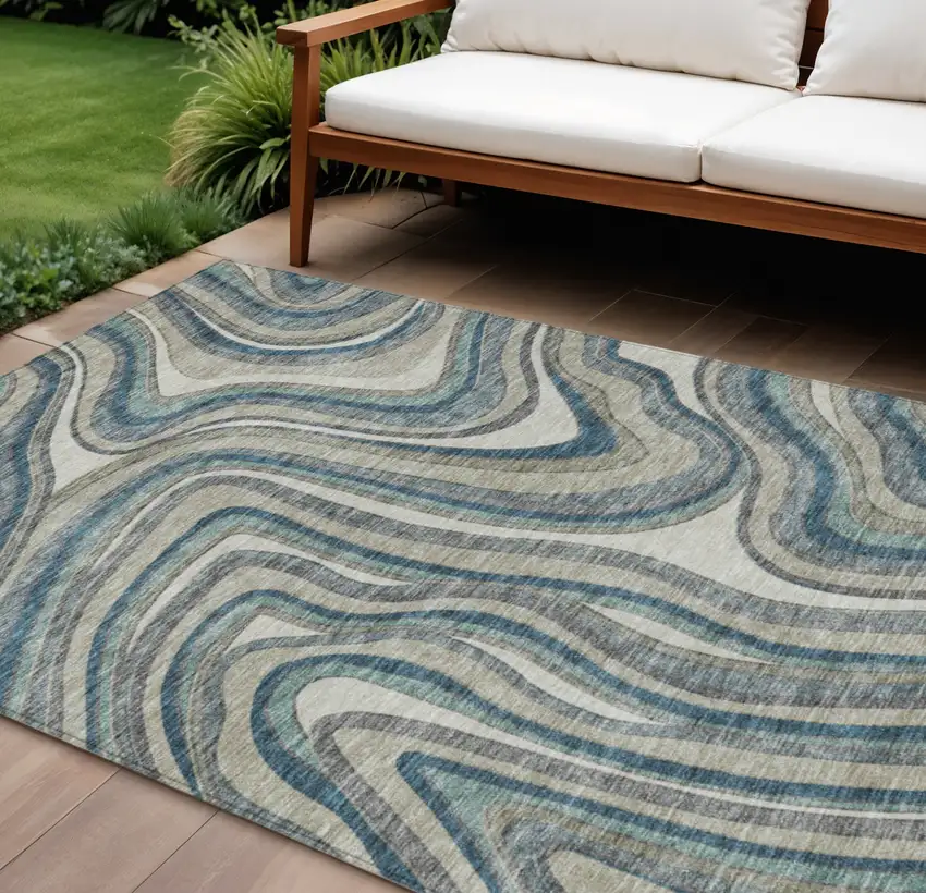 Teal Blue Gray And Taupe Abstract Washable Indoor Outdoor Area Rug Photo 1