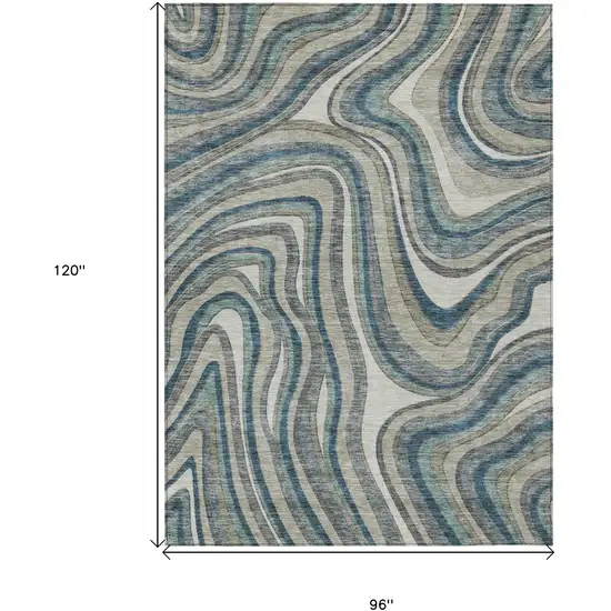 Teal Blue Gray And Taupe Abstract Washable Indoor Outdoor Area Rug Photo 3