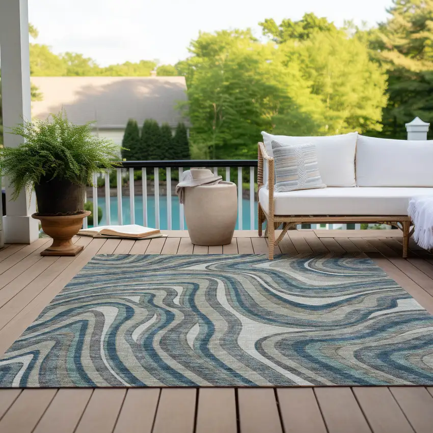 Teal Blue Gray And Taupe Abstract Washable Indoor Outdoor Area Rug Photo 7