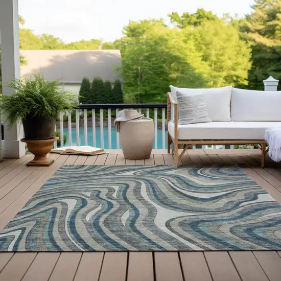 Teal Blue Gray And Taupe Abstract Washable Indoor Outdoor Area Rug Photo 7