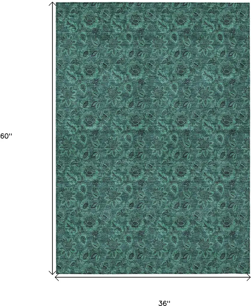 Teal Blue Green And Charcoal Floral Washable Indoor Outdoor Area Rug Photo 3