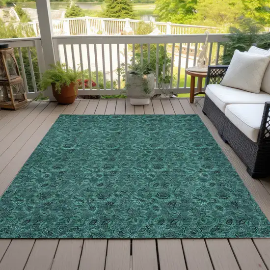 Teal Blue Green And Charcoal Floral Washable Indoor Outdoor Area Rug Photo 7