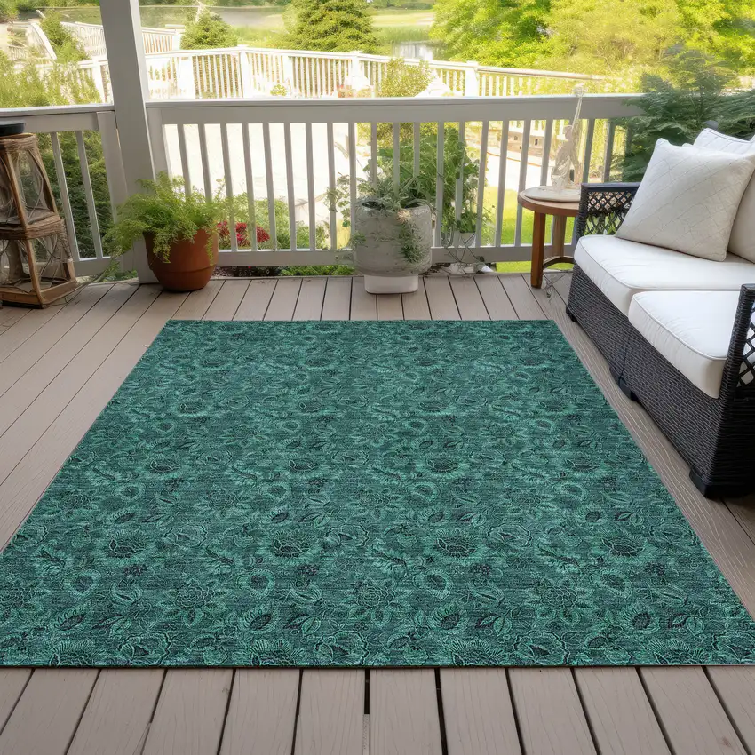 Teal Blue Green And Charcoal Floral Washable Indoor Outdoor Area Rug Photo 7