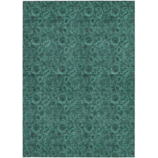 Teal Blue Green And Charcoal Floral Washable Indoor Outdoor Area Rug Photo 6