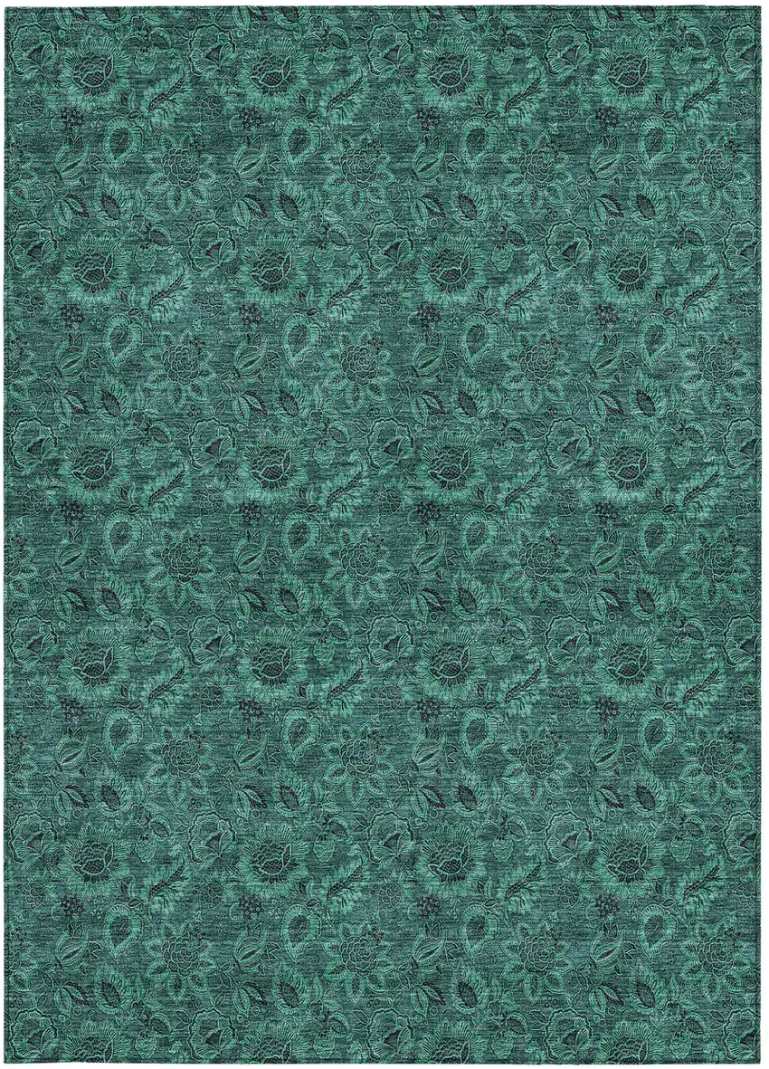 Teal Blue Green And Charcoal Floral Washable Indoor Outdoor Area Rug Photo 6