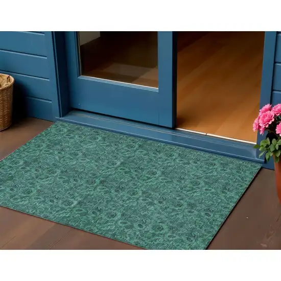 Teal Blue Green And Charcoal Floral Washable Indoor Outdoor Area Rug Photo 1