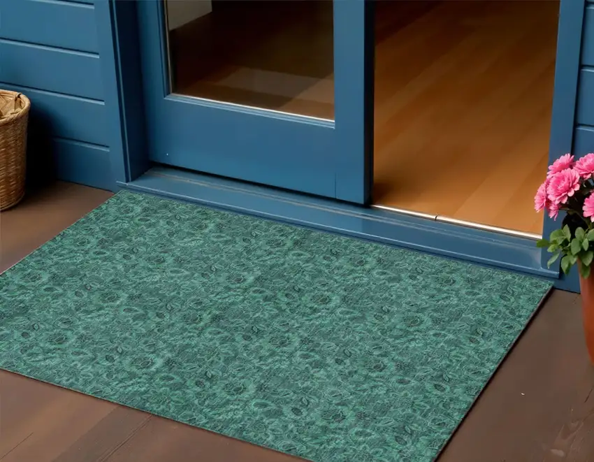 Teal Blue Green And Charcoal Floral Washable Indoor Outdoor Area Rug Photo 1