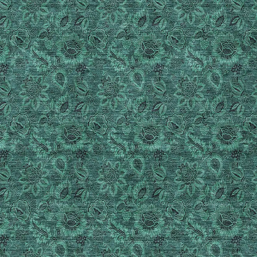 Teal Blue Green And Charcoal Floral Washable Indoor Outdoor Area Rug Photo 5