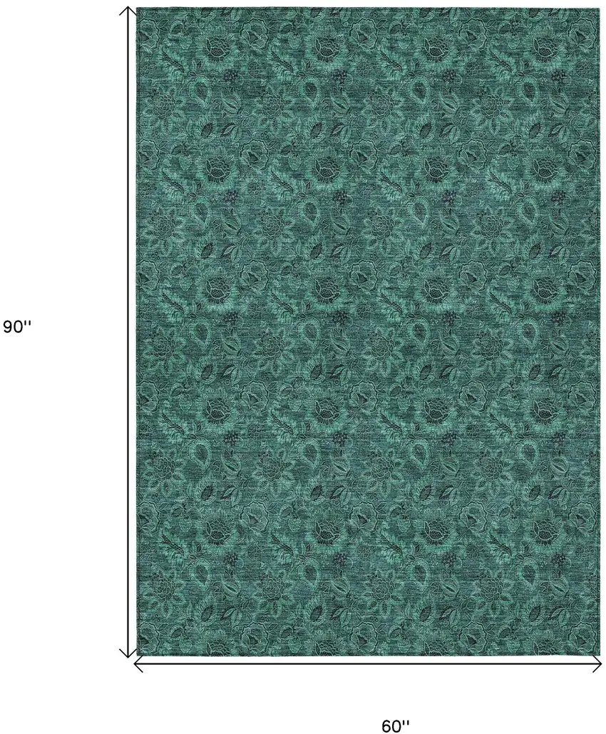 Teal Blue Green And Charcoal Floral Washable Indoor Outdoor Area Rug Photo 3