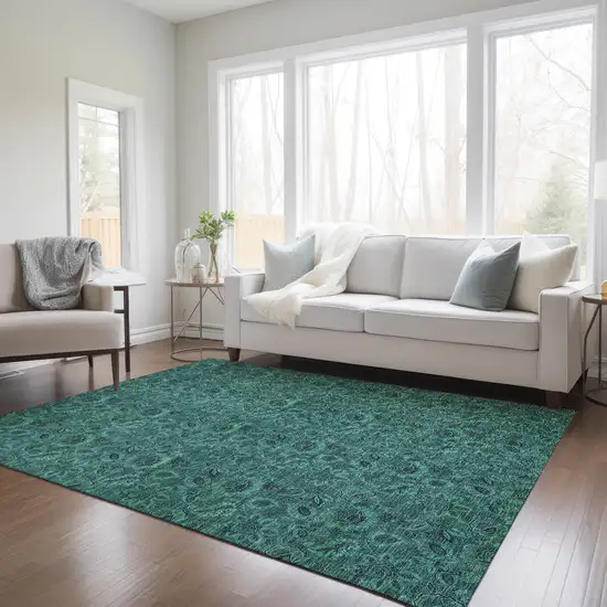 Teal Blue Green And Charcoal Floral Washable Indoor Outdoor Area Rug Photo 9