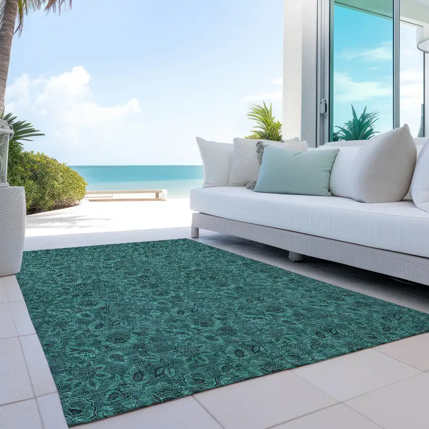 Teal Blue Green And Charcoal Floral Washable Indoor Outdoor Area Rug Photo 9