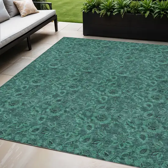 Teal Blue Green And Charcoal Floral Washable Indoor Outdoor Area Rug Photo 1