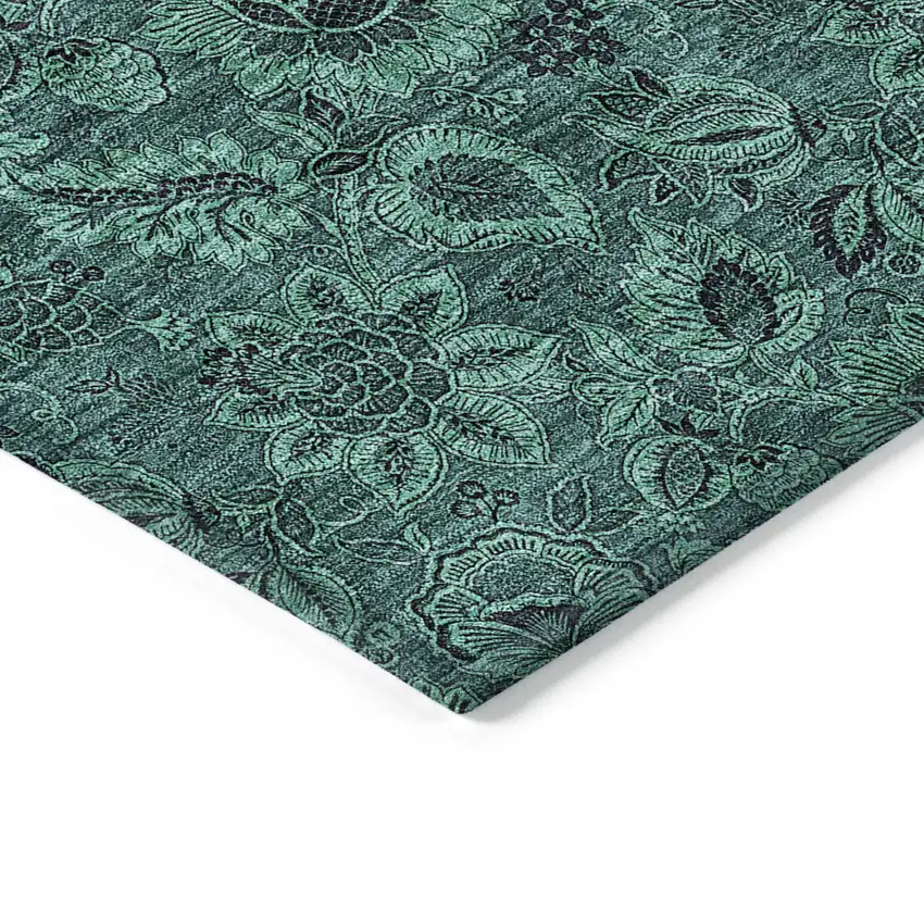 Teal Blue Green And Charcoal Floral Washable Indoor Outdoor Area Rug Photo 4