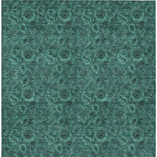 Teal Blue Green And Charcoal Floral Washable Indoor Outdoor Area Rug Photo 6