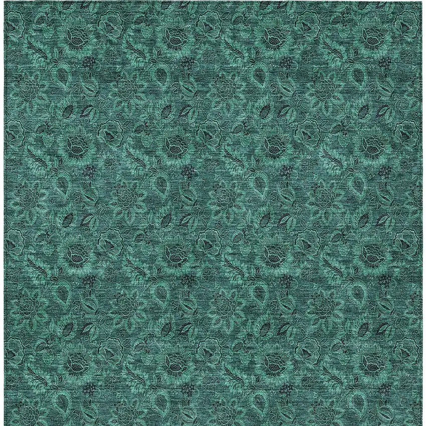 Teal Blue Green And Charcoal Floral Washable Indoor Outdoor Area Rug Photo 6