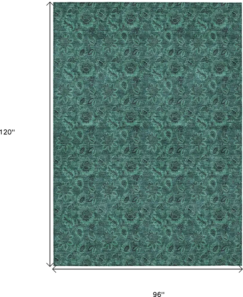 Teal Blue Green And Charcoal Floral Washable Indoor Outdoor Area Rug Photo 3