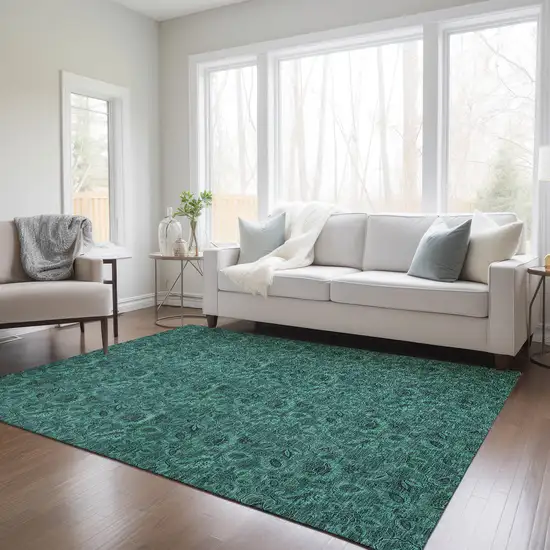 Teal Blue Green And Charcoal Floral Washable Indoor Outdoor Area Rug Photo 9