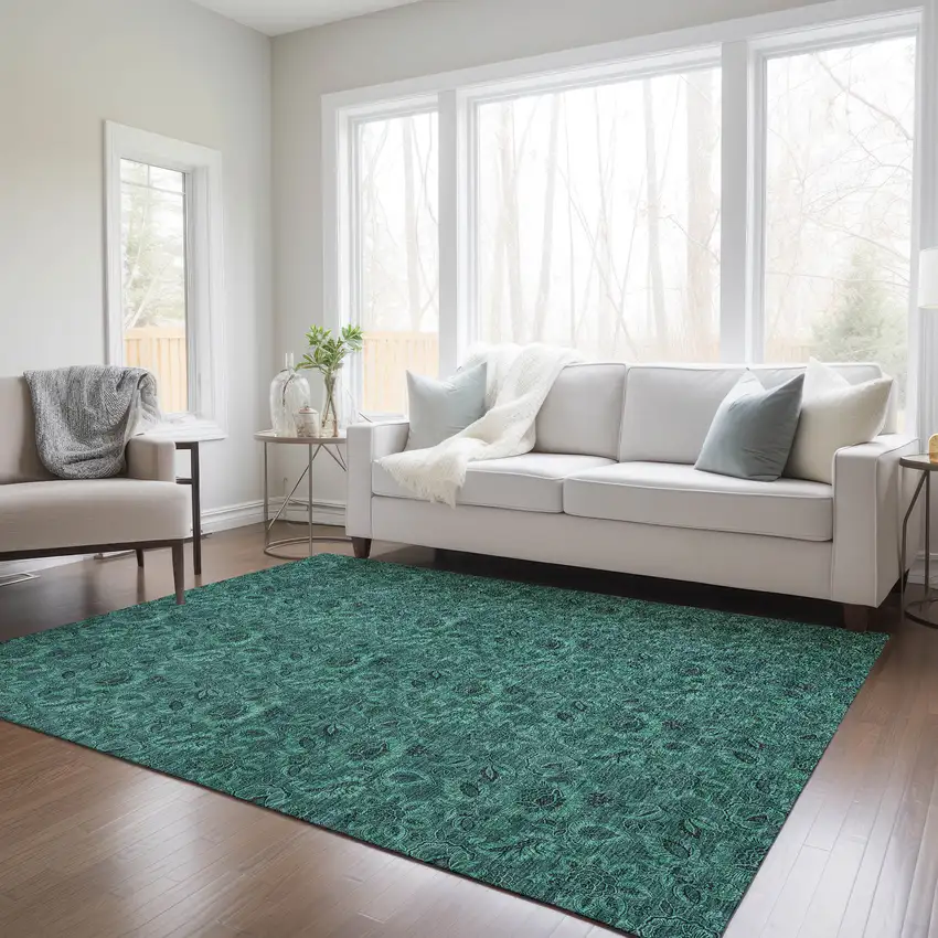 Teal Blue Green And Charcoal Floral Washable Indoor Outdoor Area Rug Photo 9