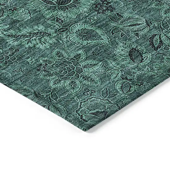 Teal Blue Green And Charcoal Floral Washable Indoor Outdoor Area Rug Photo 4