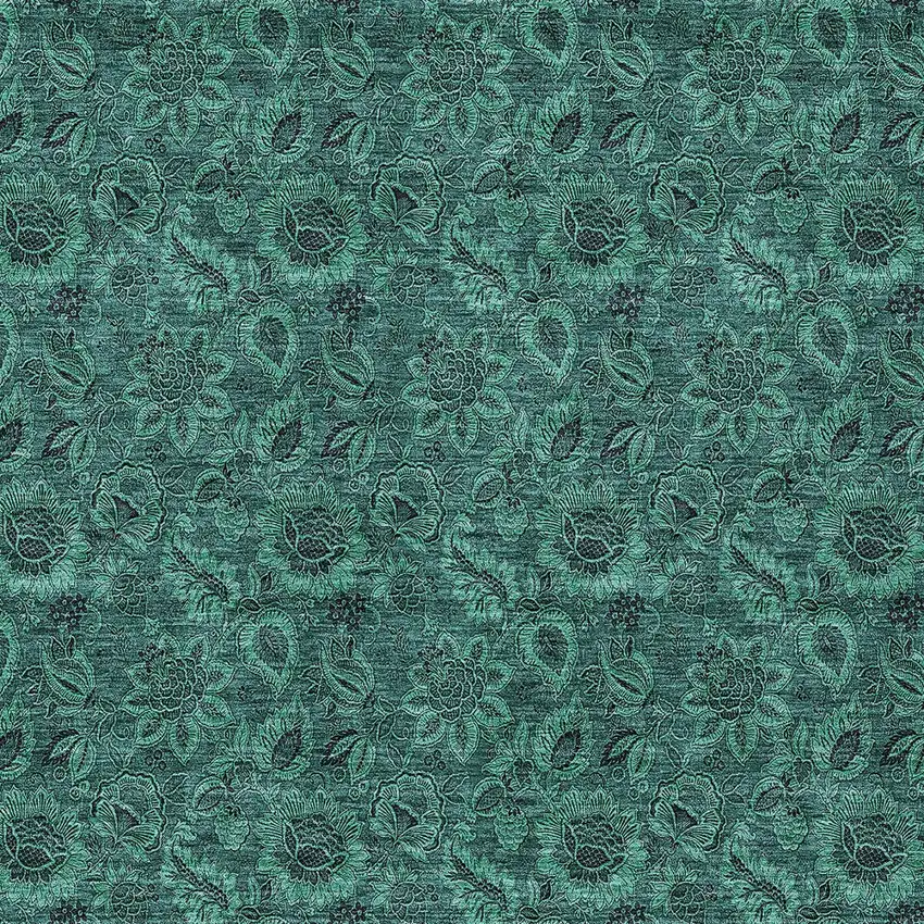 Teal Blue Green And Charcoal Floral Washable Indoor Outdoor Area Rug Photo 5
