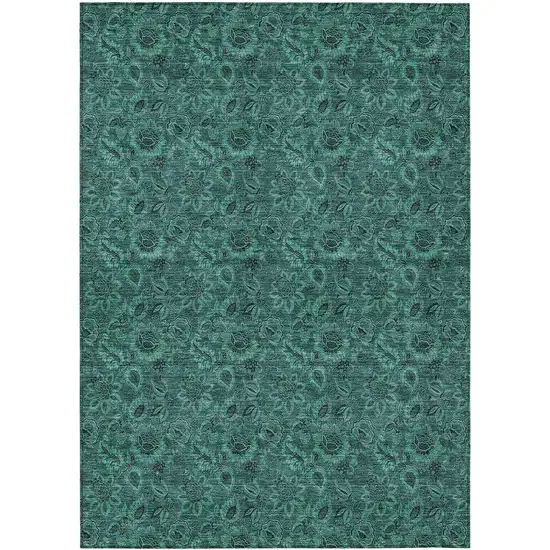 Teal Blue Green And Charcoal Floral Washable Indoor Outdoor Area Rug Photo 2