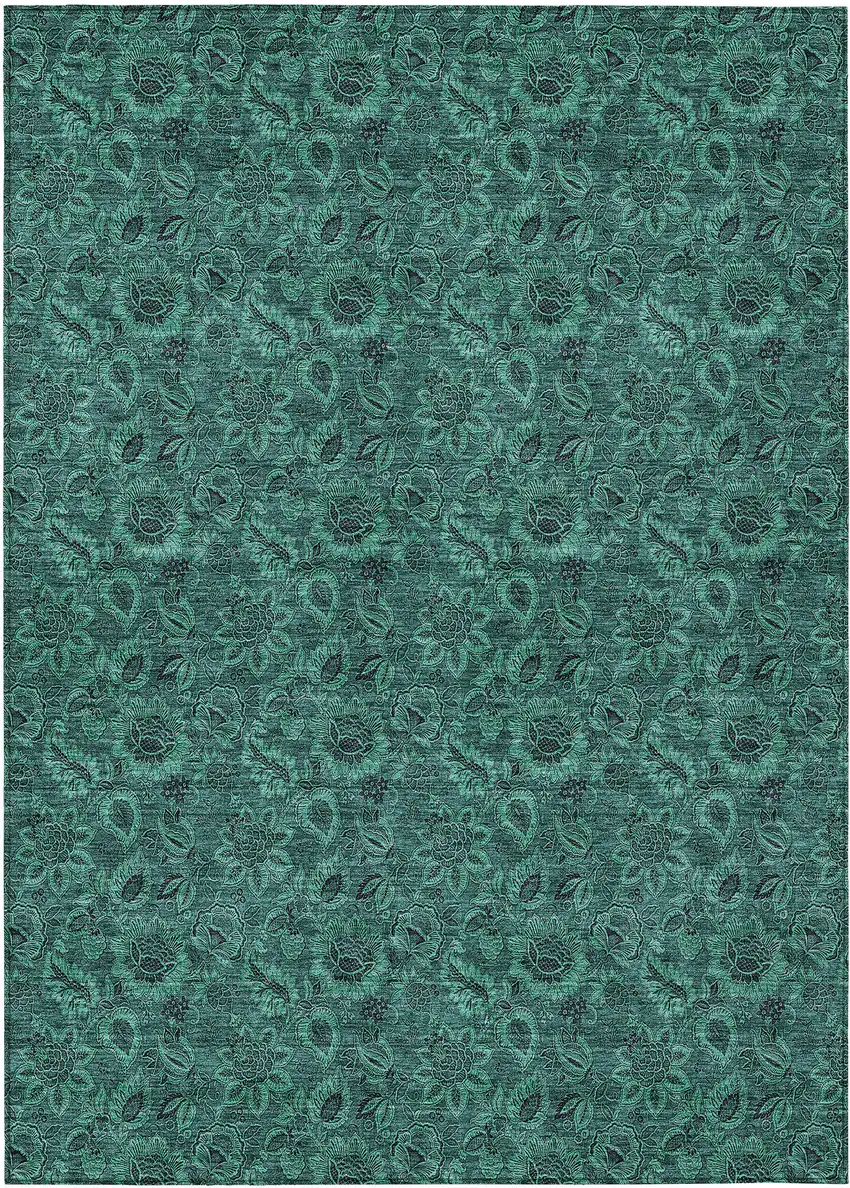 Teal Blue Green And Charcoal Floral Washable Indoor Outdoor Area Rug Photo 2