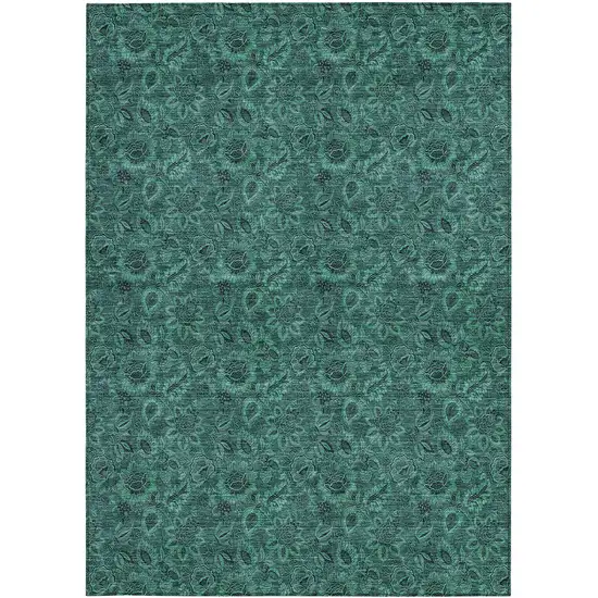 Teal Blue Green And Charcoal Floral Washable Indoor Outdoor Area Rug Photo 6