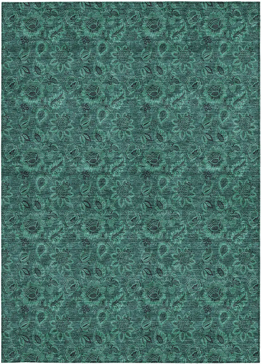 Teal Blue Green And Charcoal Floral Washable Indoor Outdoor Area Rug Photo 6