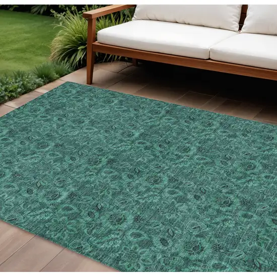 Teal Blue Green And Charcoal Floral Washable Indoor Outdoor Area Rug Photo 1
