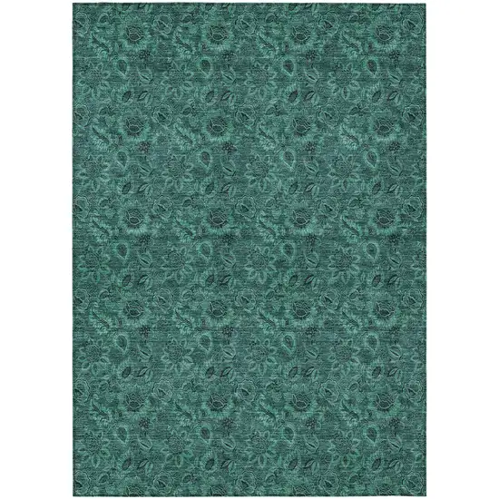 Teal Blue Green And Charcoal Floral Washable Indoor Outdoor Area Rug Photo 2