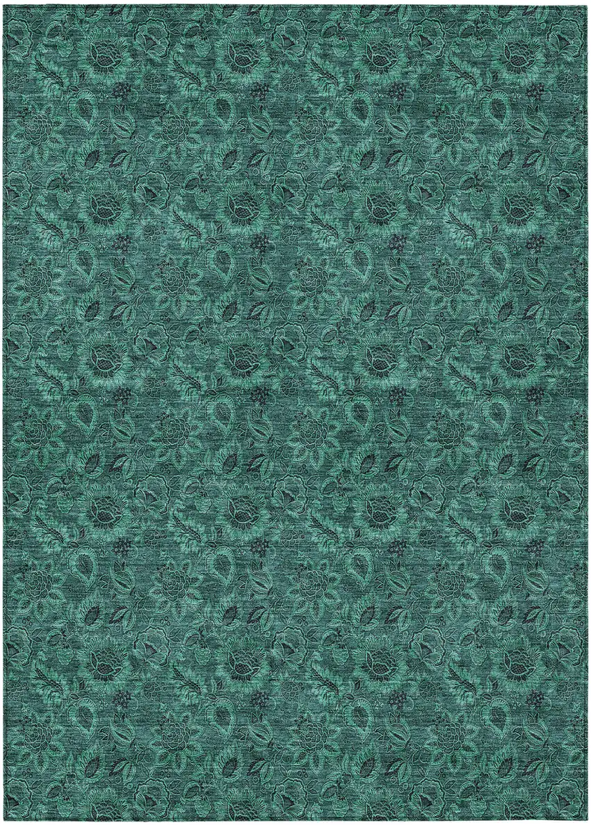 Teal Blue Green And Charcoal Floral Washable Indoor Outdoor Area Rug Photo 2