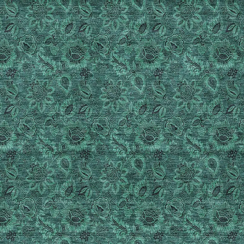 Teal Blue Green And Charcoal Floral Washable Indoor Outdoor Area Rug Photo 5