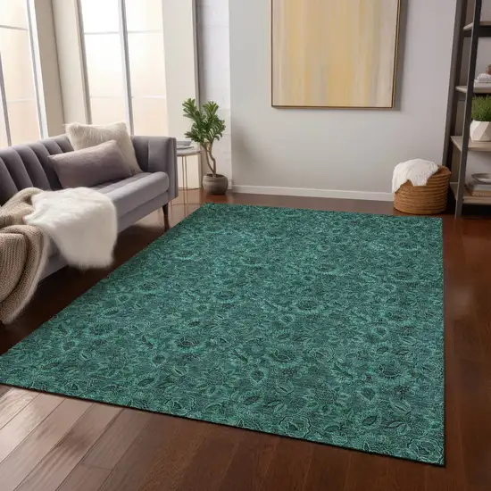 Teal Blue Green And Charcoal Floral Washable Indoor Outdoor Area Rug Photo 8