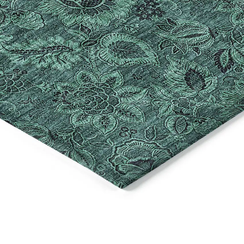 Teal Blue Green And Charcoal Floral Washable Indoor Outdoor Area Rug Photo 4
