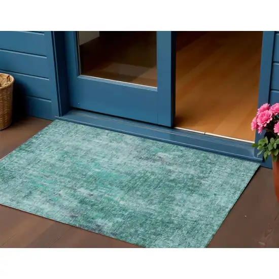 Teal Blue Green And Gray Abstract Washable Indoor Outdoor Area Rug Photo 1
