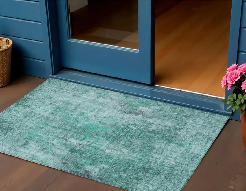 Teal Blue Green And Gray Abstract Washable Indoor Outdoor Area Rug Photo 1