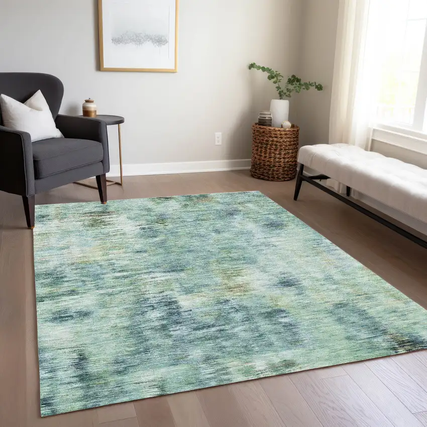 Teal Blue Green And Ivory Abstract Washable Indoor Outdoor Area Rug Photo 9